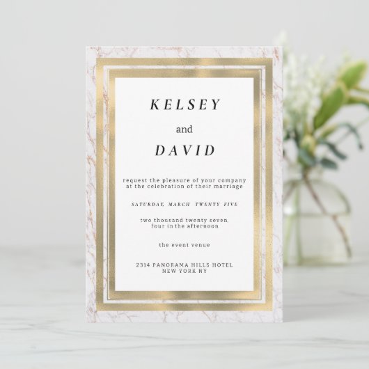 Glam wit goud glitter marmer elegante bruiloft kaart (Staand voorkant)