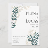 Glam wit goud groene pioenen blad bloemenbruiloft kaart (Voorkant)
