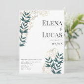 Glam wit goud groene pioenen blad bloemenbruiloft kaart (Staand voorkant)