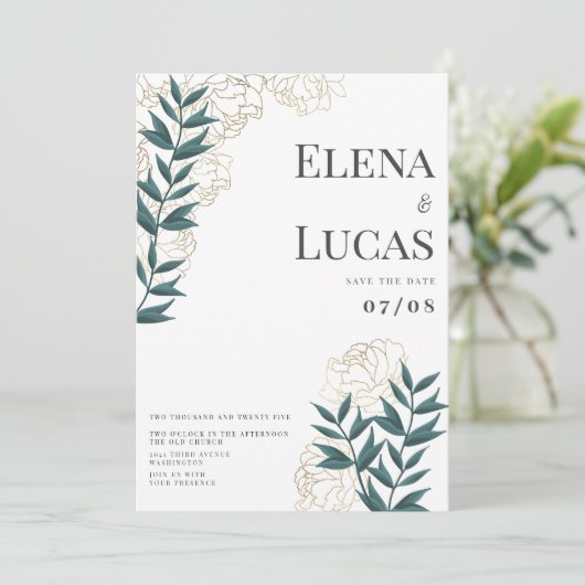 Glam wit goud groene pioenen blad bloemenbruiloft kaart (Staand voorkant)