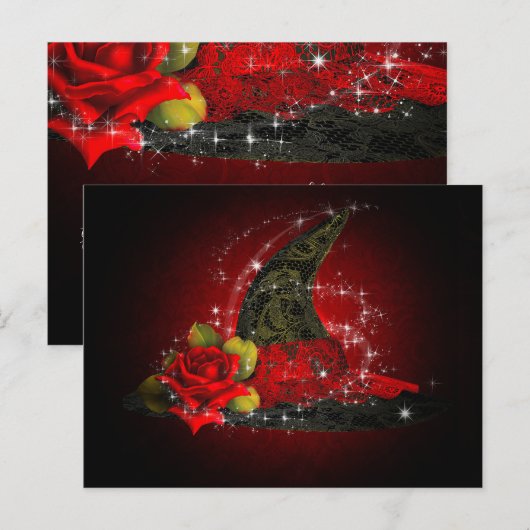 Glam Witch Pet Lacy Black & Red Sparkle Party Uitnodiging Briefkaart (Voorkant / Achterkant)