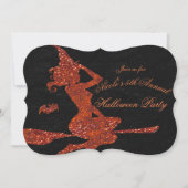 Glam Witch vliegt op Broom Halloween Party Kaart (Voorkant)