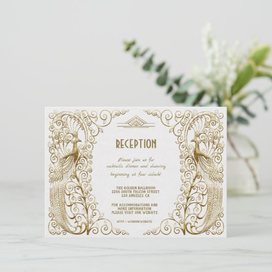 Glam witte gouden art deco pauw trouwreceptie kaart (Staand voorkant)