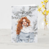Glam Woman Red Hair Silver Christmas Tree Branches Kaart (Gele Bloem)