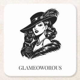 Glam Woman with Cat Fashion Illustration Kartonnen Onderzetters