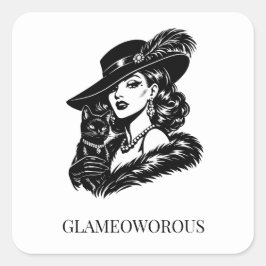 Glam Woman with Cat Fashion Illustration Vierkante Sticker