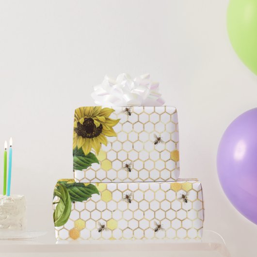 Glam Yellow Sunflower Gold Honeycomb Bee Cadeaupapier (Feestgeschenken)