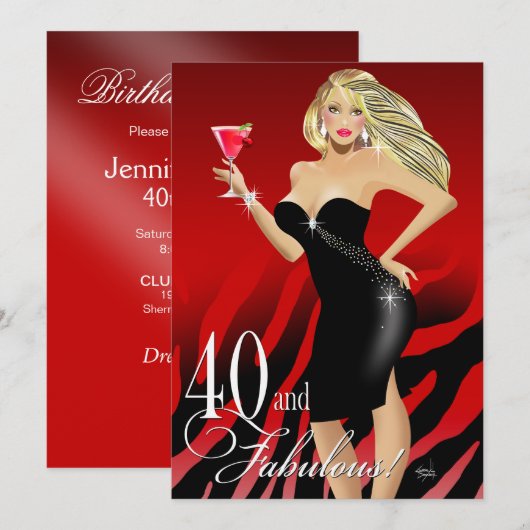 Glam Zebra Bombshell 40th Birthday | rood Kaart (Voorkant / Achterkant)