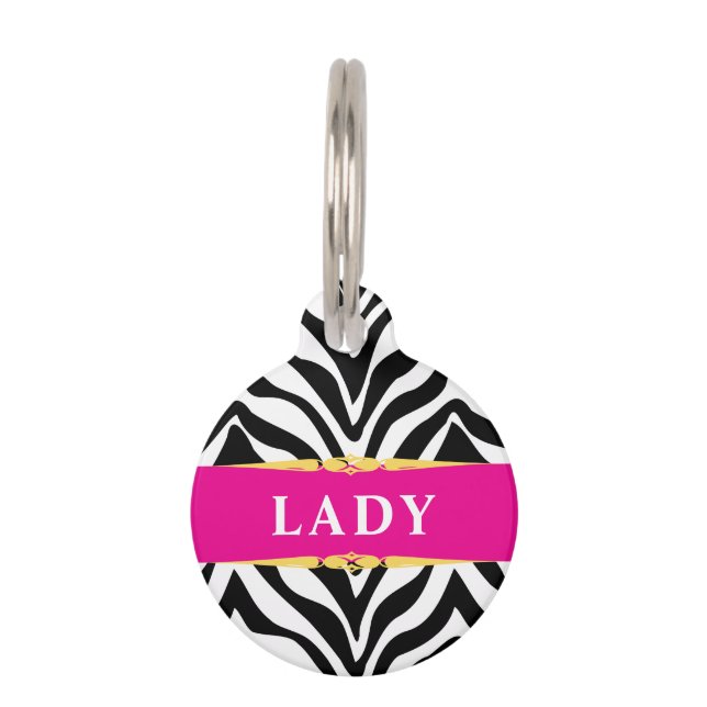Glam Zebra Print and Hot Pink Personalized Huisdierpenning (Voorkant)