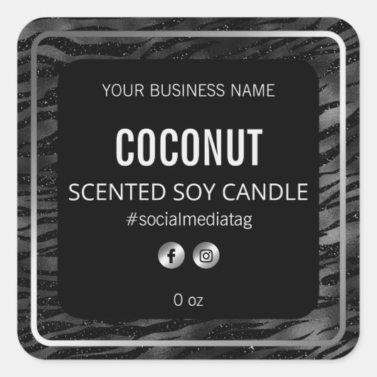 Glam Zebra Print Zwart en Zilver productetiketten Vierkante Sticker (Voorkant)