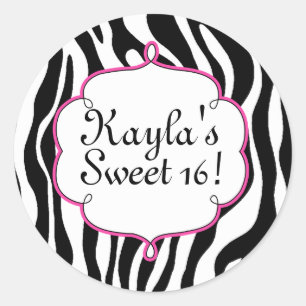 Glam zebraprint en roze sticker voor Sweet 16-fees