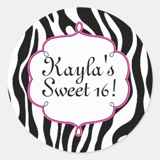 Glam zebraprint en roze sticker voor Sweet 16-fees (Voorkant)
