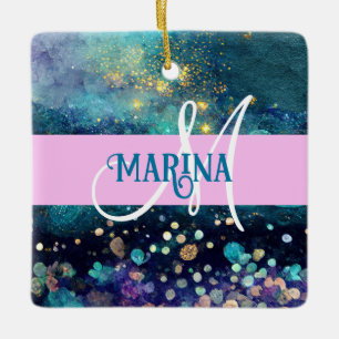 Glam Zeemeermin Aqua Goud Glitter Glans Monogram Keramisch Ornament