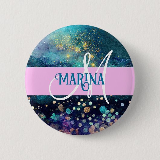 Glam Zeemeermin Aqua Goud Glitters Glans Monogram Ronde Button 5,7 Cm (Voorkant)
