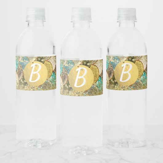 Glam Zeemeermin Goud Blauwgroen Schalen Verjaardag Waterfles Etiket (Flessen)