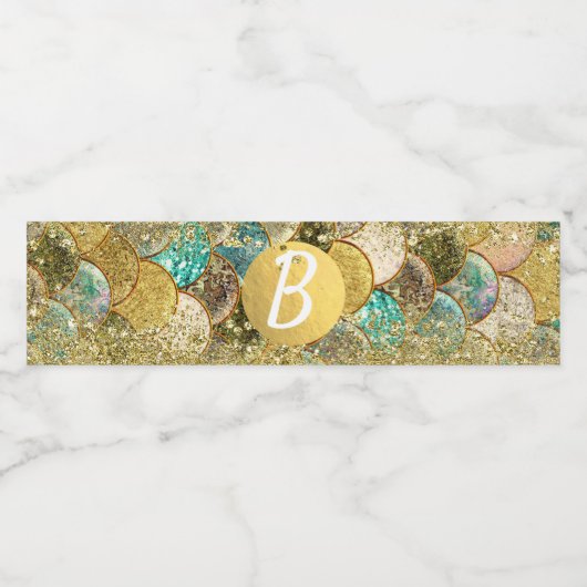 Glam Zeemeermin Goud Blauwgroen Schalen Verjaardag Waterfles Etiket (Enkel label)