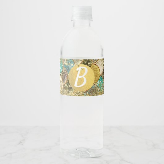 Glam Zeemeermin Goud Blauwgroen Schalen Verjaardag Waterfles Etiket (Voorkant)