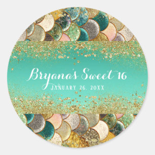 Glam Zeemeermin Goud Teal Schubben Verjaardagsfees Ronde Sticker