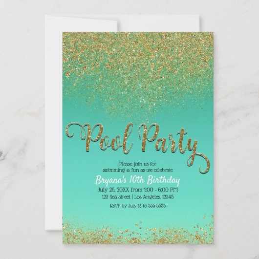 Glam Zeemeermin Pool Party Gold Glitter Blauwgroen Kaart (Voorkant)