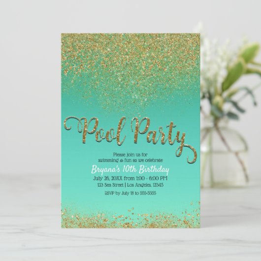 Glam Zeemeermin Pool Party Gold Glitter Blauwgroen Kaart (Staand voorkant)