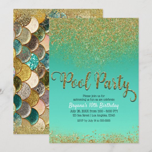Glam Zeemeermin Pool Party Gold Glitter Blauwgroen Kaart (Voorkant / Achterkant)