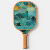 Glam Zeemeermin Schalen Blauwgroen & Gouden Monogr Pickleball Paddle (Voorkant)