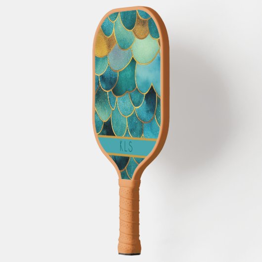 Glam Zeemeermin Schalen Blauwgroen & Gouden Monogr Pickleball Paddle (Links)