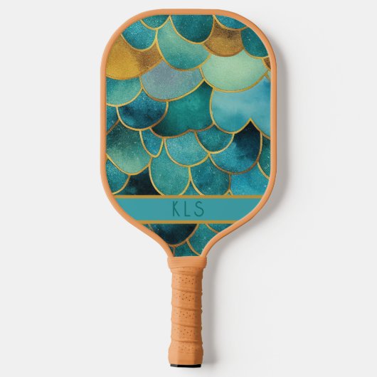 Glam Zeemeermin Schalen Blauwgroen & Gouden Monogr Pickleball Paddle (Achterkant)