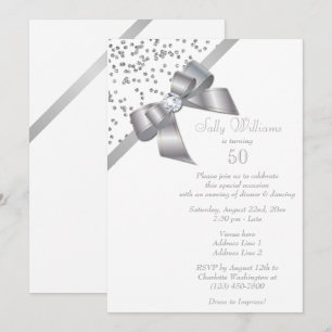 Glam Zilver Confetti & Jewel Boog 50ste Verjaardag Kaart