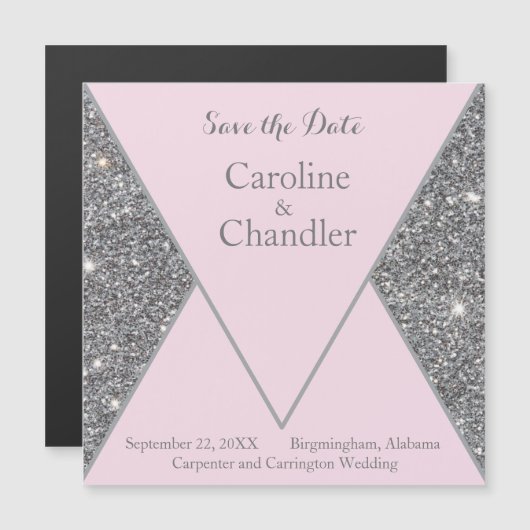 Glam Zilver en Roze Glitter Bruiloft Save the Date (Voorkant / Achterkant)