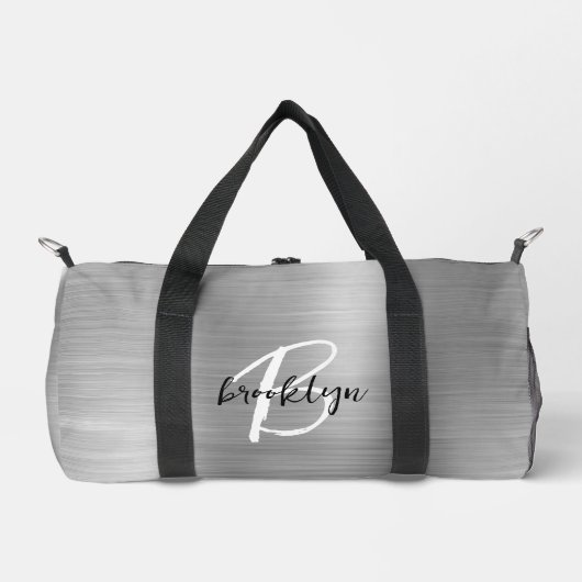 Glam Zilver Geborsteld Metaal Zwart Wit Monogram Plunjezak (Voorkant)