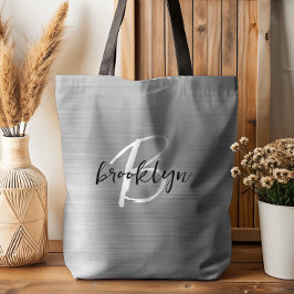 Glam Zilver Geborsteld Metaal Zwart Wit Monogram Tote Bag