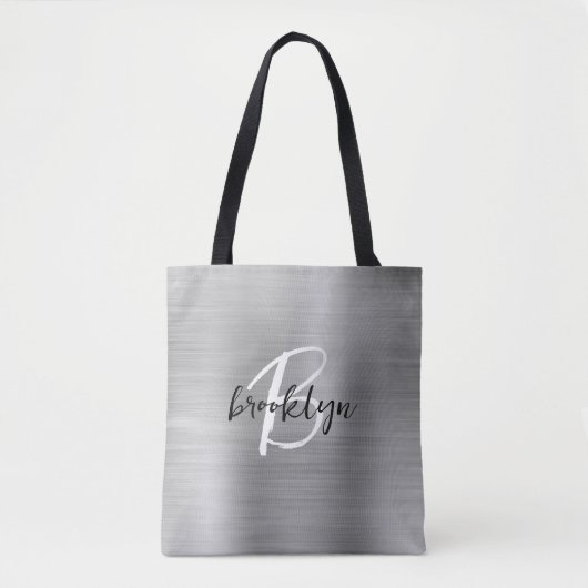 Glam Zilver Geborsteld Metaal Zwart Wit Monogram Tote Bag (Voorkant)
