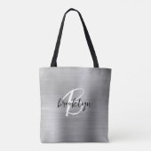 Glam Zilver Geborsteld Metaal Zwart Wit Monogram Tote Bag (Achterkant)