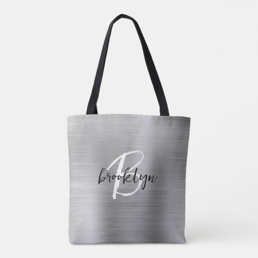 Glam Zilver Geborsteld Metaal Zwart Wit Monogram Tote Bag (Achterkant)