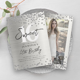 Glam Zilver Glitter Foto Sweet 16 Party Kaart