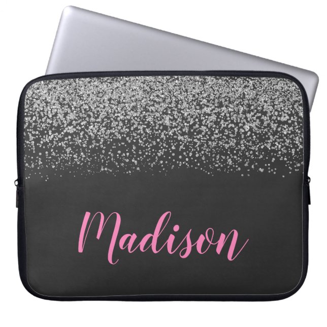 Glam Zilver Glitter Glinstert Zwart & Roze Naam Laptop Sleeve (Voorkant)
