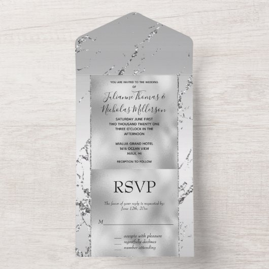 Glam Zilver Glitter Glitzy Marmer All In One Uitnodiging (Binnen)