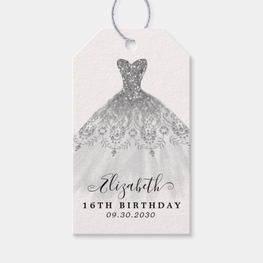 Glam Zilver Grijs Glitter Jurk Verjaardag Dank u Cadeaulabel (Voorkant)