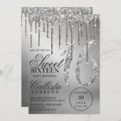 Glam Zilver Metallic Glitter Drips Sweet 16 Kaart (Voorkant / Achterkant)