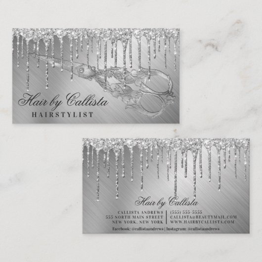 Glam Zilver Metallic Glitter Druppelt Haar Schaar Visitekaartje (Voorkant / Achterkant)