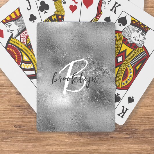 Glam Zilver Moderne Script Monogram Pokerkaarten