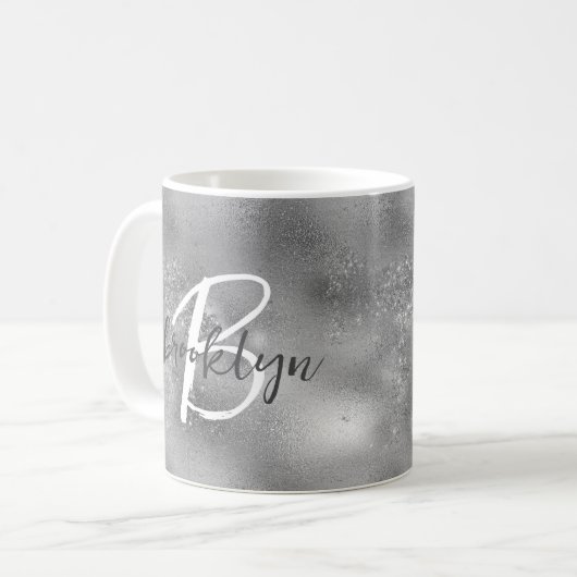 Glam Zilver Trendy Script Monogram Koffiemok (Voorkant links)
