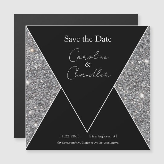 Glam Zilver & Zwart Bruiloft Save the Date Magneti (Voorkant / Achterkant)