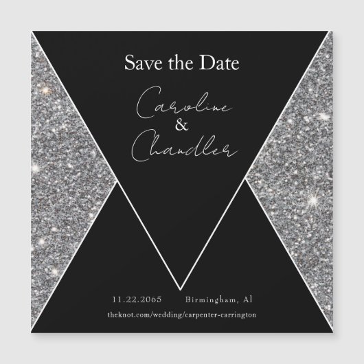 Glam Zilver & Zwart Bruiloft Save the Date Magneti (Voorkant)