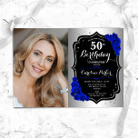Glam Zilver Zwart Koningsblauw Foto 50e Verjaardag Kaart<br><div class="desc">Elegante bloemenvrouwelijke 50e verjaardagsuitnodiging met uw foto. Glam ontwerp met faux zilver. Beschikt over koningsblauwe rozen,  scriptlettertype en confetti. Perfect voor een stijlvol volwassen feestje. Personaliseer met je eigen gegevens. Kan voor om het even welke leeftijd worden aangepast! Gedrukte Zazzle-uitnodigingen of direct download digitale afdrukbare sjabloon.</div>