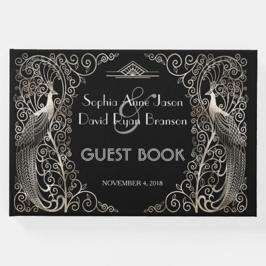 Glam Zilveren Art Deco Pauw Huwelijk Gastenboek (Voorkant)