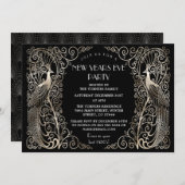 Glam Zilveren Art Deco Pauwen Oud en Nieuw Kaart (Voorkant / Achterkant)