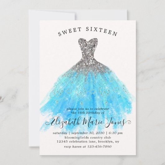 Glam Zilveren Blauwe Sparkle Dress Sweet 16e Verja Kaart (Voorkant)