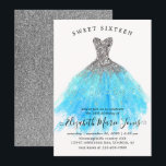 Glam Zilveren Blauwe Sparkle Dress Sweet 16e Verja Kaart<br><div class="desc">Modern Glam Silver Light Baby Blue Glitter Sparkle Waterverf Dress Sweet 16th Birthday Invitation</div>
